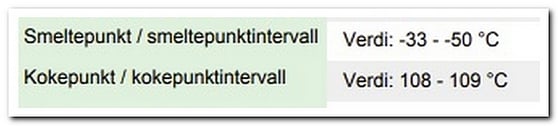 Utsnitt av sikkerhetsdatablad med informasjon om temperaturforhold.